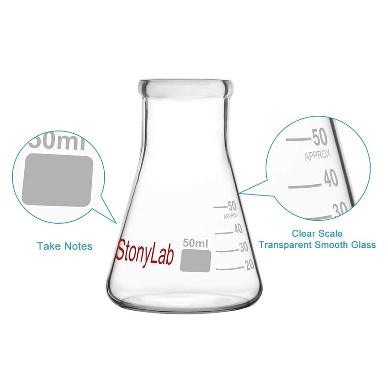 stonylab 1-Pack Glass 50 ml Heavy Wall Narrow Mouth Erlenmeyer Flasks with Heavy Duty Rim - (50ml Fits with 4# Rubber Stopper) - Image 4